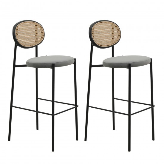 LeisureMod Euston Modern Wicker Bar Stool With Black Steel Frame, Set of 2, Grey