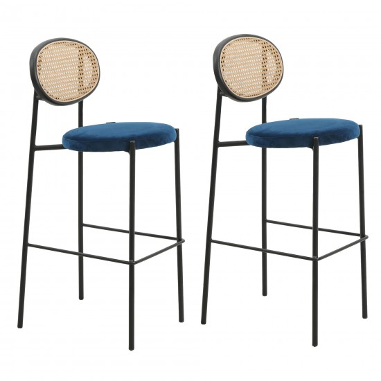 LeisureMod Euston Wicker Bar Stool With Black Steel Frame, Set of 2, Navy Blue