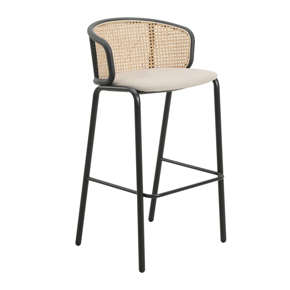 LeisureMod Ervilla Mid-Century Modern Wicker Bar Stool, Beige