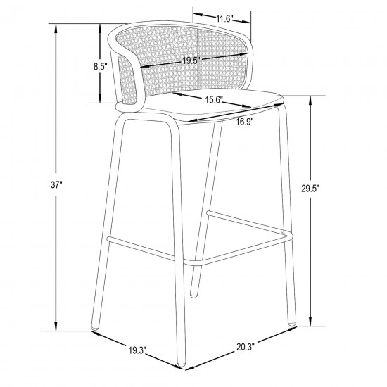 LeisureMod Ervilla Mid-Century Modern Wicker Bar Stool, Grey