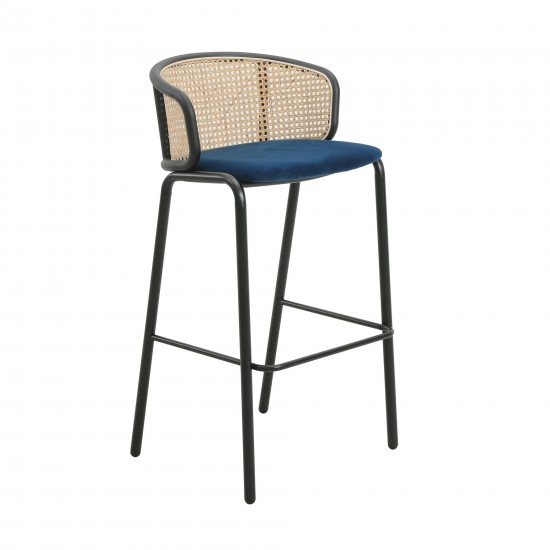 LeisureMod Ervilla Mid-Century Modern Wicker Bar Stool, Navy Blue