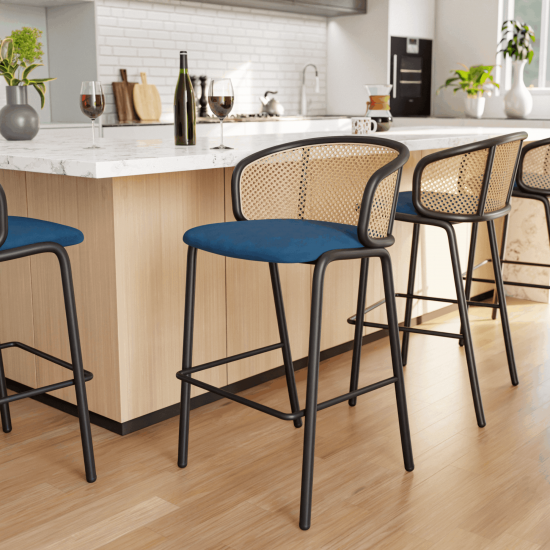 LeisureMod Ervilla Mid-Century Modern Wicker Bar Stool, Navy Blue