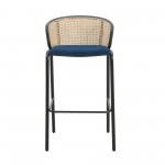 LeisureMod Ervilla Mid-Century Modern Wicker Bar Stool, Navy Blue