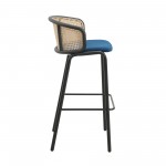 LeisureMod Ervilla Mid-Century Modern Wicker Bar Stool, Navy Blue