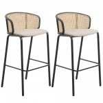 LeisureMod Ervilla Mid-Century Modern Wicker Bar Stool, Set of 2, Beige