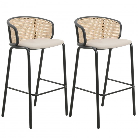 LeisureMod Ervilla Mid-Century Modern Wicker Bar Stool, Set of 2, Beige