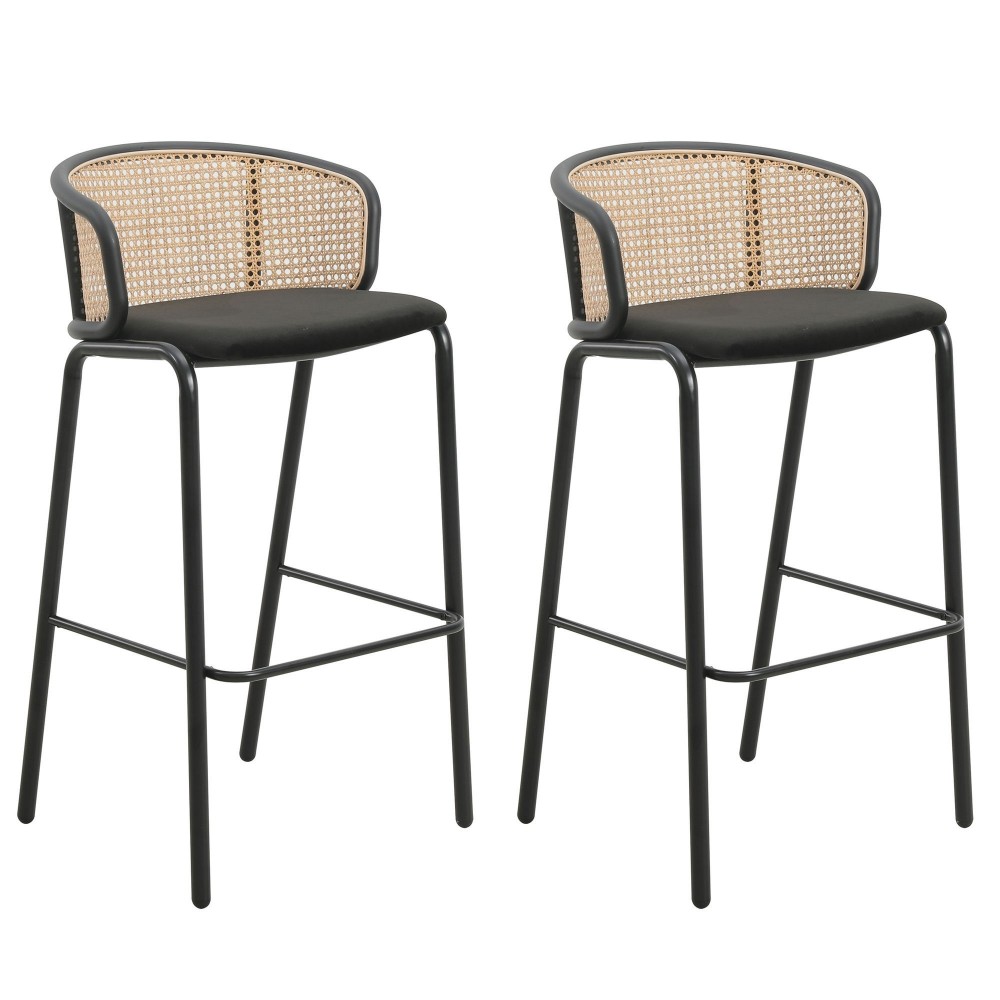 LeisureMod Ervilla Mid-Century Modern Wicker Bar Stool, Set of 2, Black