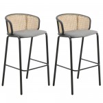 LeisureMod Ervilla Mid-Century Wicker Bar Stool with Fabric Seat, Set of 2, Grey