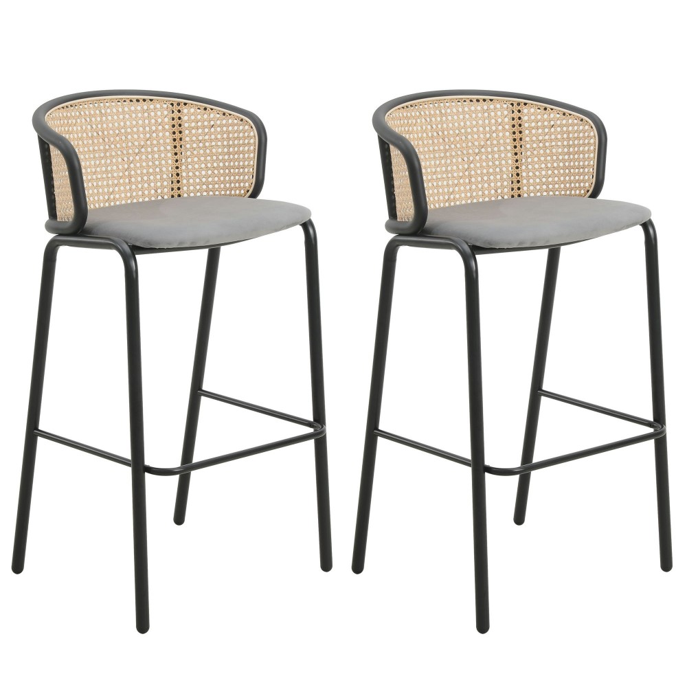 LeisureMod Ervilla Mid-Century Wicker Bar Stool with Fabric Seat, Set of 2, Grey