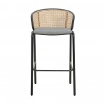 LeisureMod Ervilla Mid-Century Wicker Bar Stool with Fabric Seat, Set of 2, Grey