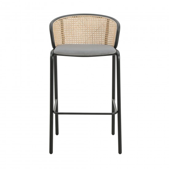 LeisureMod Ervilla Mid-Century Wicker Bar Stool with Fabric Seat, Set of 2, Grey