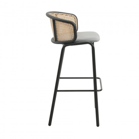 LeisureMod Ervilla Mid-Century Wicker Bar Stool with Fabric Seat, Set of 2, Grey