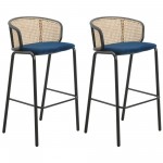 LeisureMod Ervilla Modern Wicker Bar Stool with Fabric Seat, Set of 2, Navy Blue