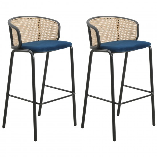 LeisureMod Ervilla Modern Wicker Bar Stool with Fabric Seat, Set of 2, Navy Blue