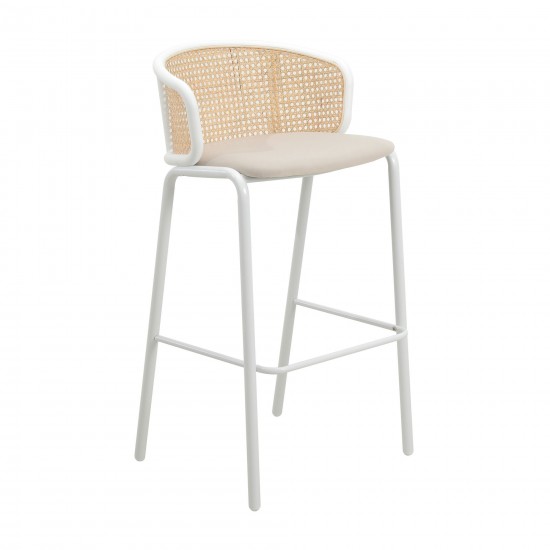 LeisureMod Ervilla Mid-Century Modern Wicker Bar Stool with Fabric Seat, Beige