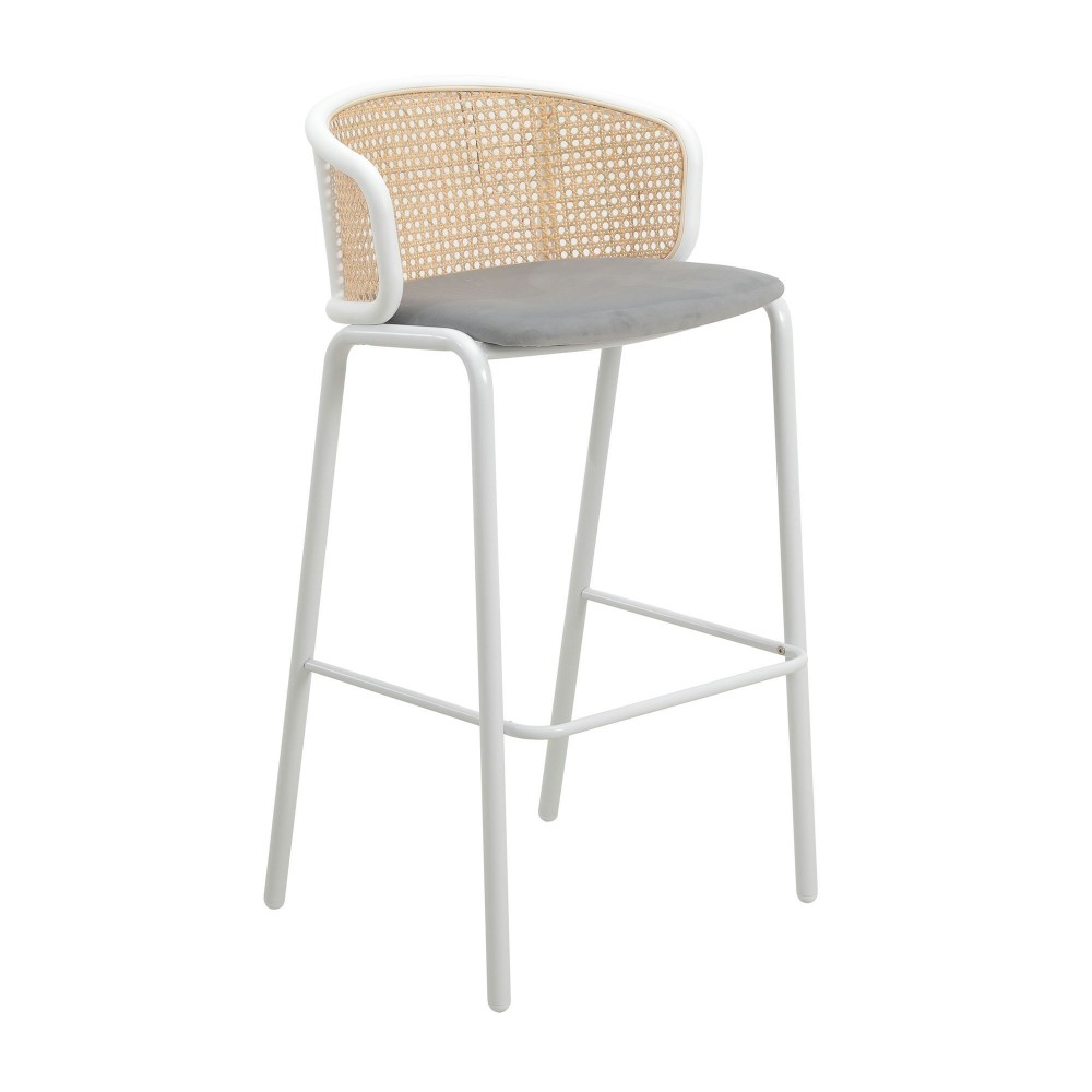 LeisureMod Ervilla Mid-Century Modern Wicker Bar Stool with Fabric Seat, Grey