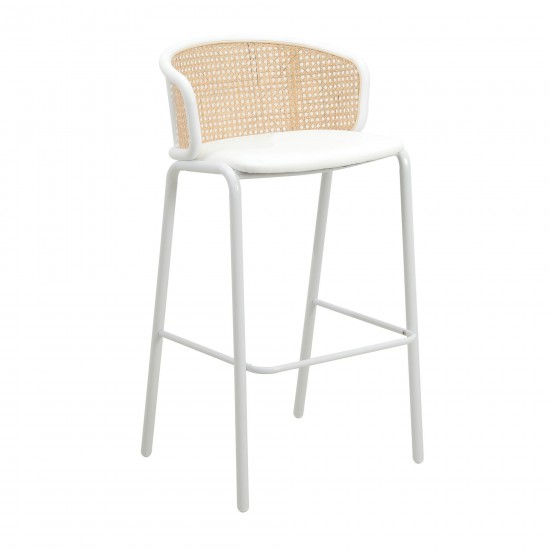 LeisureMod Ervilla Mid-Century Modern Wicker Bar Stool with Fabric Seat, White