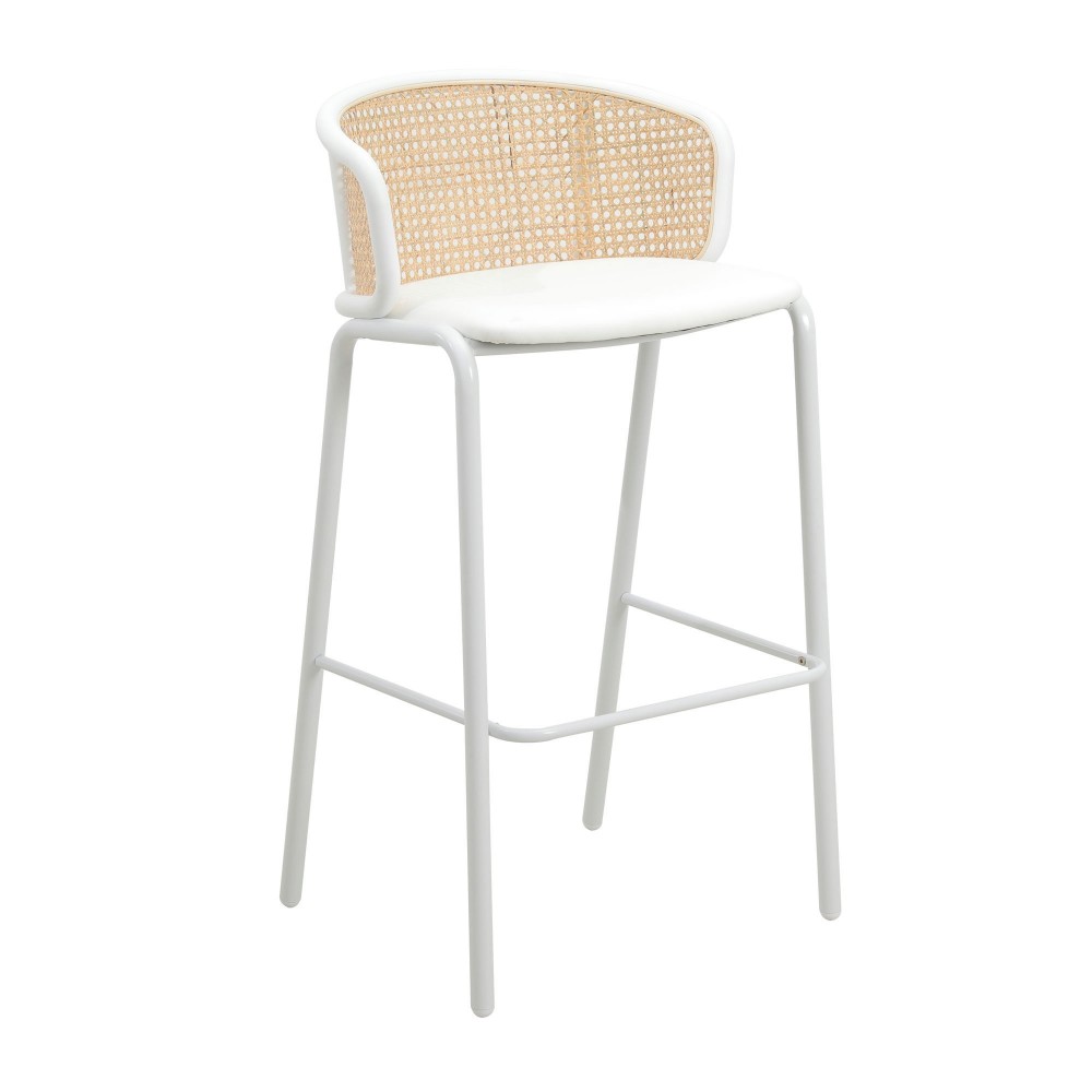 LeisureMod Ervilla Mid-Century Modern Wicker Bar Stool with Fabric Seat, White