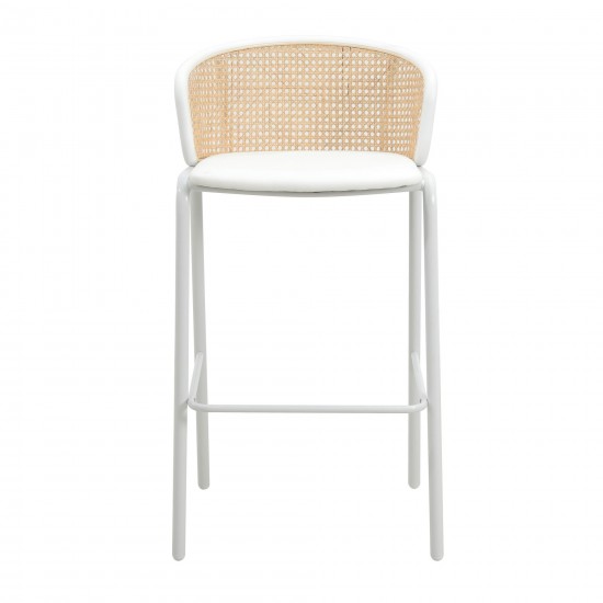 LeisureMod Ervilla Mid-Century Modern Wicker Bar Stool with Fabric Seat, White