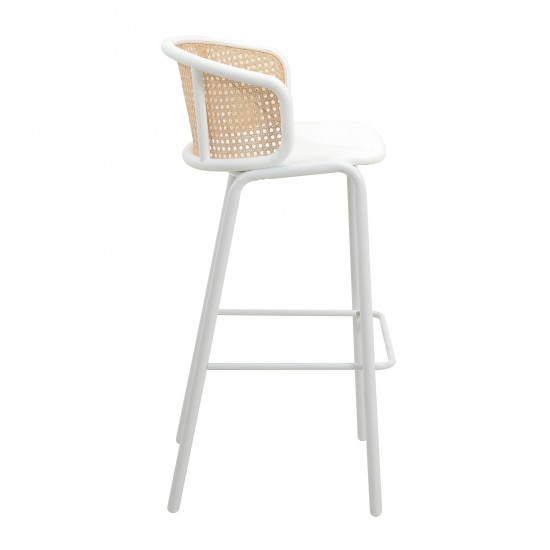 LeisureMod Ervilla Mid-Century Modern Wicker Bar Stool with Fabric Seat, White