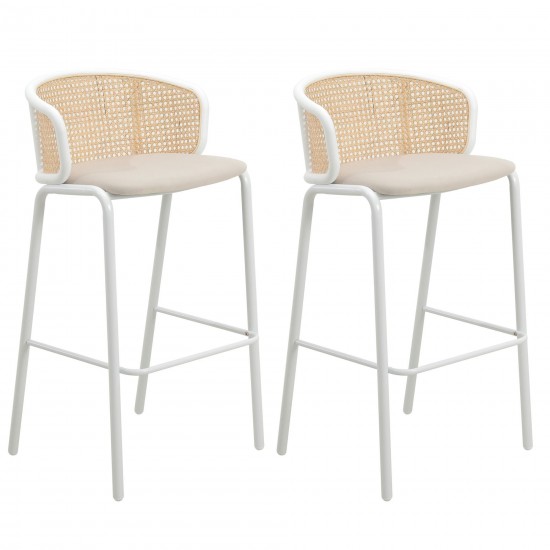 LeisureMod Ervilla Modern Wicker Bar Stool with Fabric Seat, Set of 2, Beige