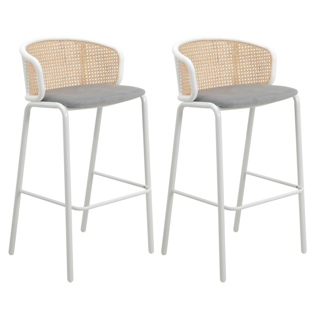 LeisureMod Ervilla Modern Wicker Bar Stool with Fabric Seat, Set of 2, Grey