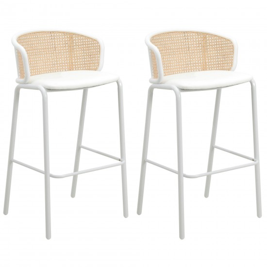 LeisureMod Ervilla Modern Wicker Bar Stool with Fabric Seat, Set of 2, White