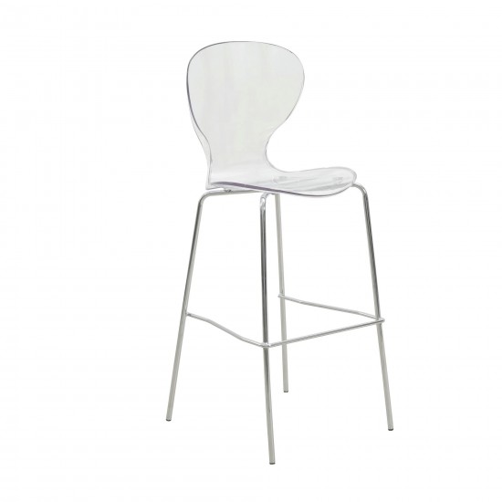 LeisureMod Oyster Acrylic Barstool with Steel Frame in Chrome Finish, Clear