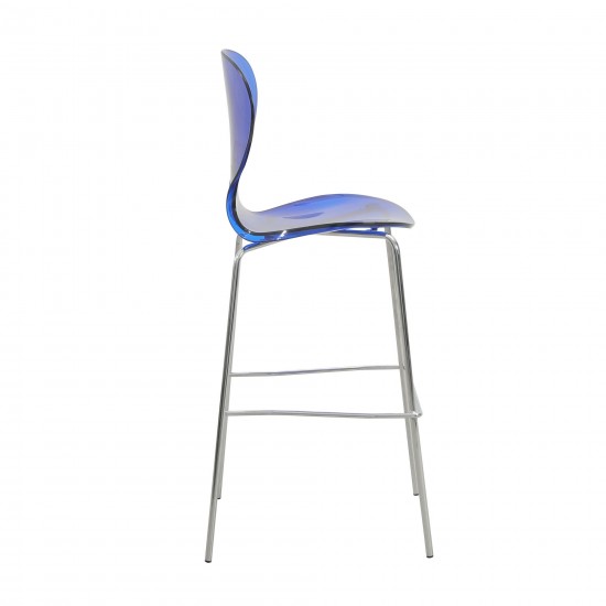 LeisureMod Oyster Acrylic Barstool in Chrome Finish, Transparent Blue