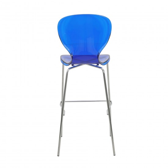 LeisureMod Oyster Acrylic Barstool in Chrome Finish, Transparent Blue