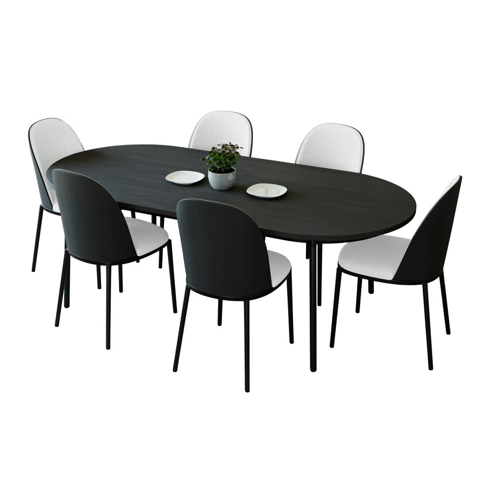 LeisureMod Tule 7-Piece Dining Set in Steel Frame, Black/White