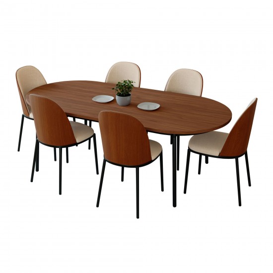 LeisureMod Tule 7-Piece Dining Set in Steel Frame, Walnut/Light Brown