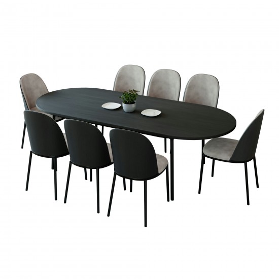 LeisureMod Tule 9-Piece Dining Set in Steel Frame, Black/Charcoal