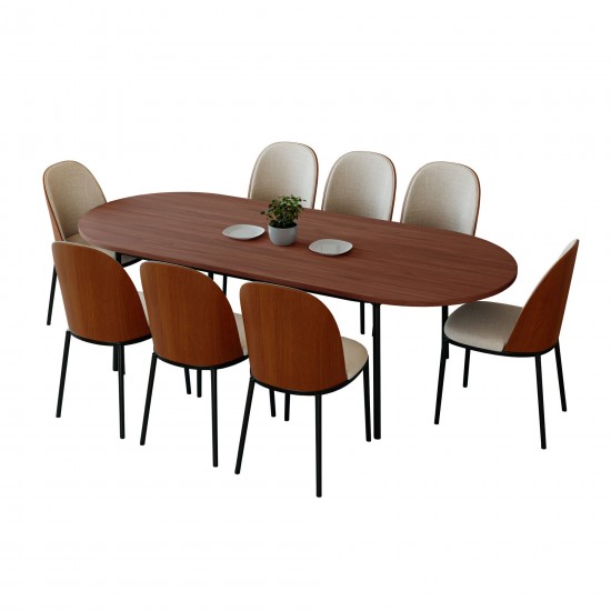 LeisureMod Tule 9-Piece Dining Set in Steel Frame, Walnut/Beige