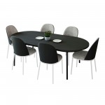 LeisureMod Tule 7-Piece Dining Set in White Steel Frame, Black/Charcoal