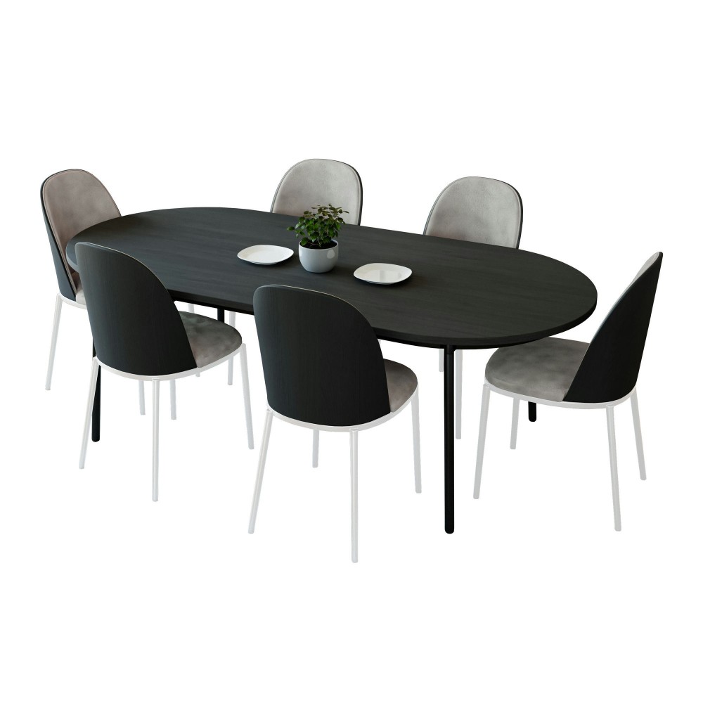 LeisureMod Tule 7-Piece Dining Set in White Steel Frame, Black/Charcoal