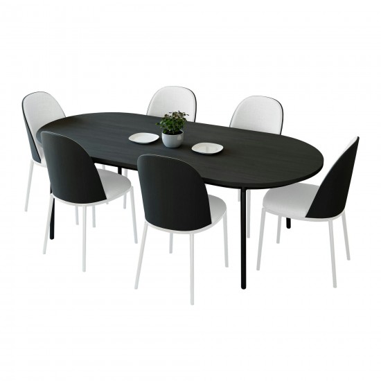 LeisureMod Tule 7-Piece Dining Set in White Steel Frame, Black/White