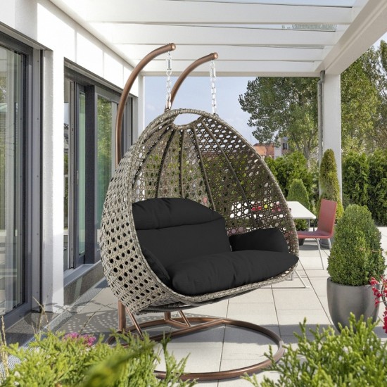 LeisureMod Beige Wicker Hanging 2 person Egg Swing Chair, Black