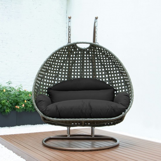 LeisureMod Beige Wicker Hanging 2 person Egg Swing Chair, Black