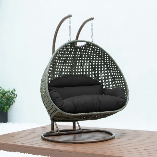 LeisureMod Beige Wicker Hanging 2 person Egg Swing Chair, Black