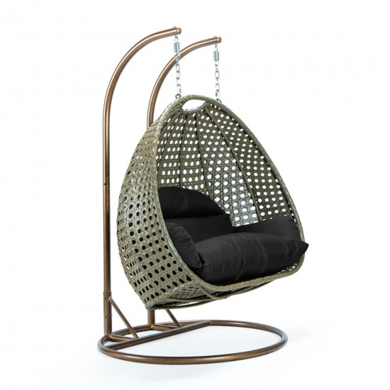 LeisureMod Beige Wicker Hanging 2 person Egg Swing Chair, Black