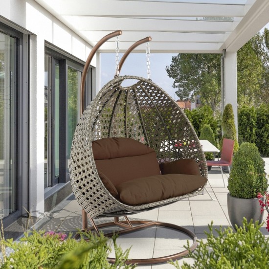 LeisureMod Beige Wicker Hanging 2 person Egg Swing Chair, Brown