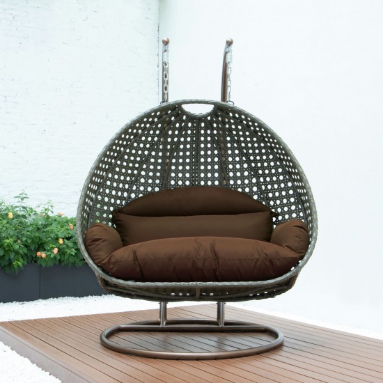 LeisureMod Beige Wicker Hanging 2 person Egg Swing Chair, Brown