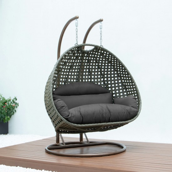 LeisureMod Beige Wicker Hanging 2 person Egg Swing Chair, Dark Grey