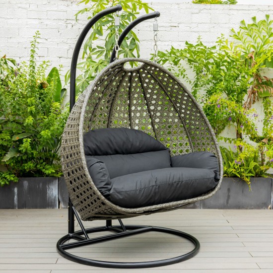 LeisureMod Charcoal Wicker Hanging 2 person Egg Swing Chair, Black