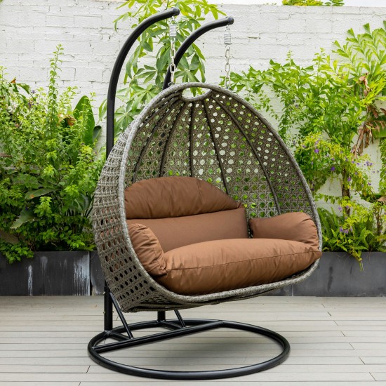 LeisureMod Charcoal Wicker Hanging 2 person Egg Swing Chair, Brown