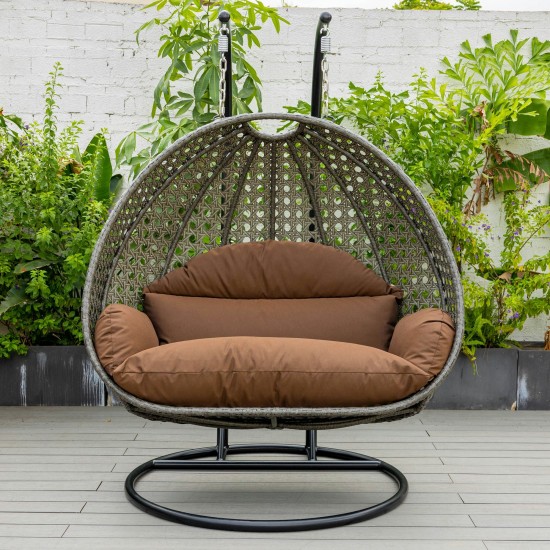 LeisureMod Charcoal Wicker Hanging 2 person Egg Swing Chair, Brown