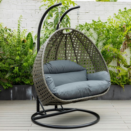 LeisureMod Charcoal Wicker Hanging 2 person Egg Swing Chair, Dark Grey