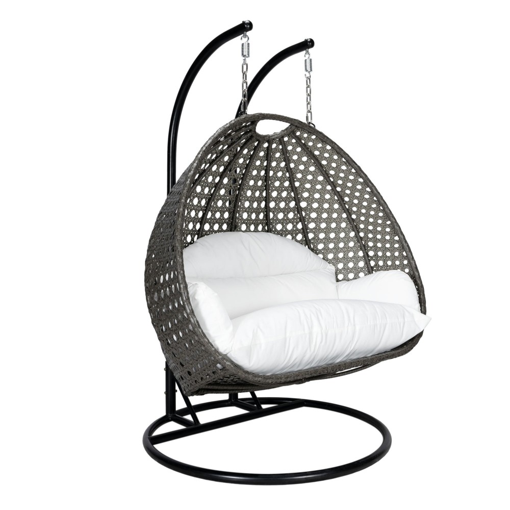 LeisureMod Charcoal Wicker Hanging 2 person Egg Swing Chair, White