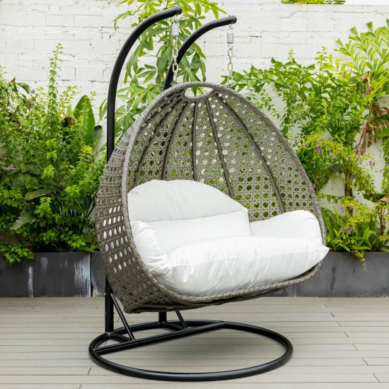 LeisureMod Charcoal Wicker Hanging 2 person Egg Swing Chair, White